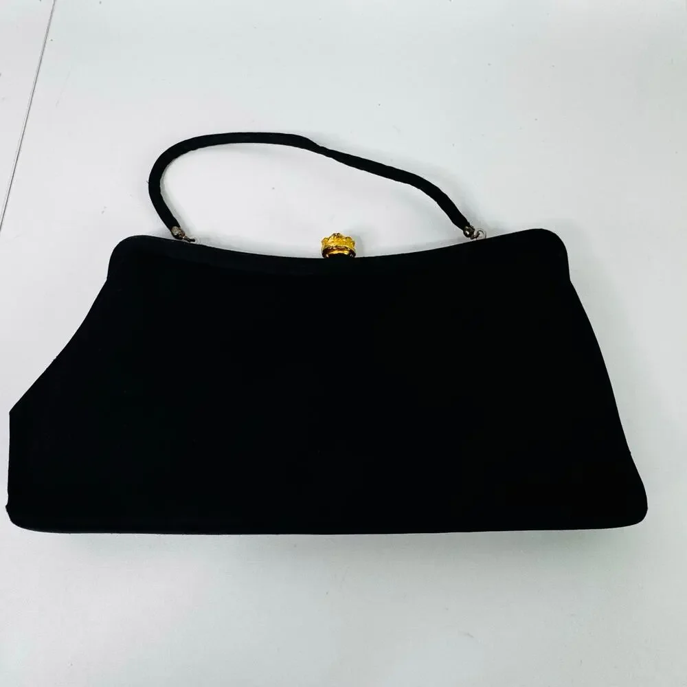 Vintage Andre Clasp Clutch Handbag Purse 1960s Black Gold Rhinestone